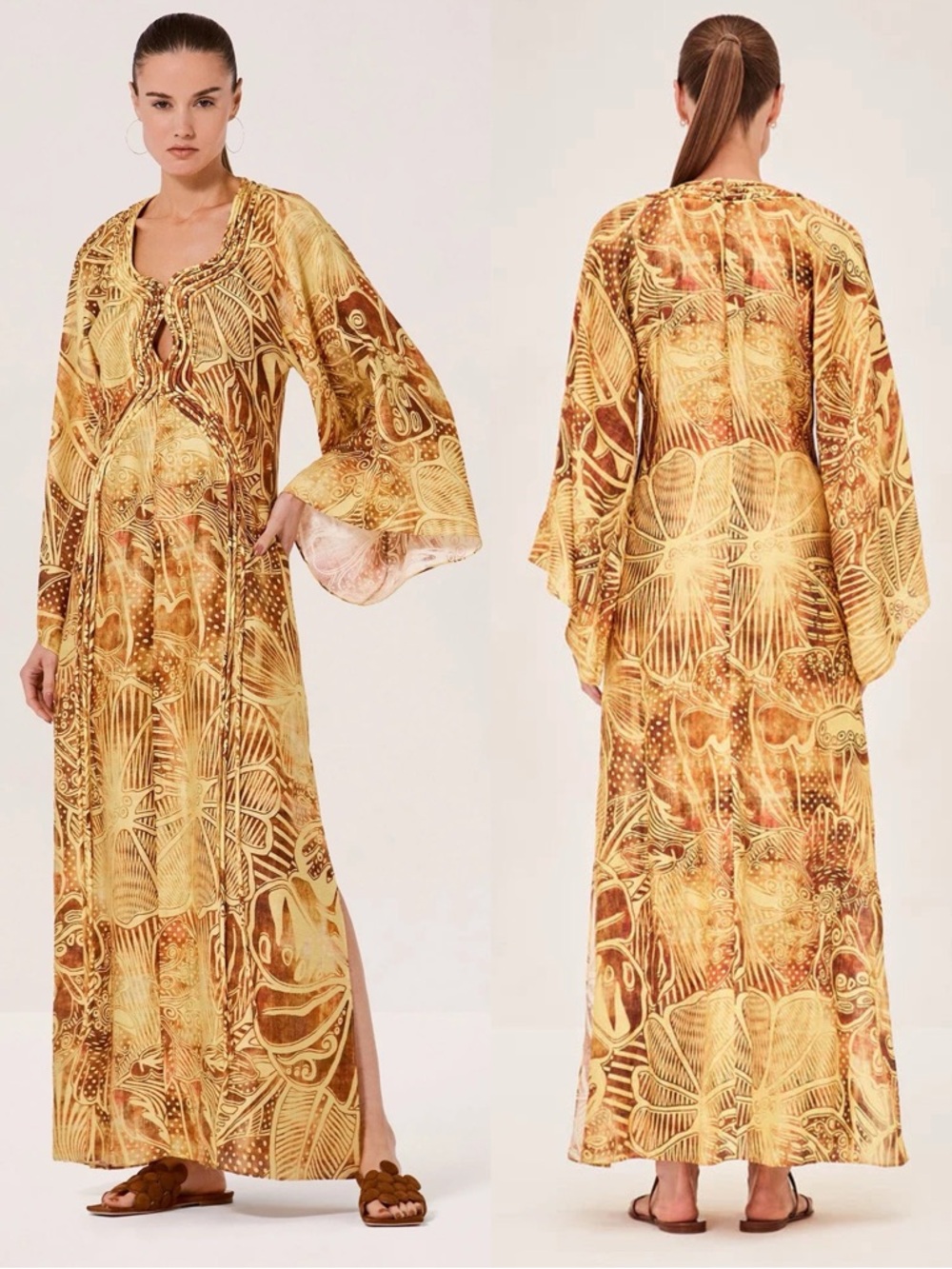 ALEXIS Mirela Linen Blend Floral Abstract Long Sleeve Kaftan Maxi Dress Yellow